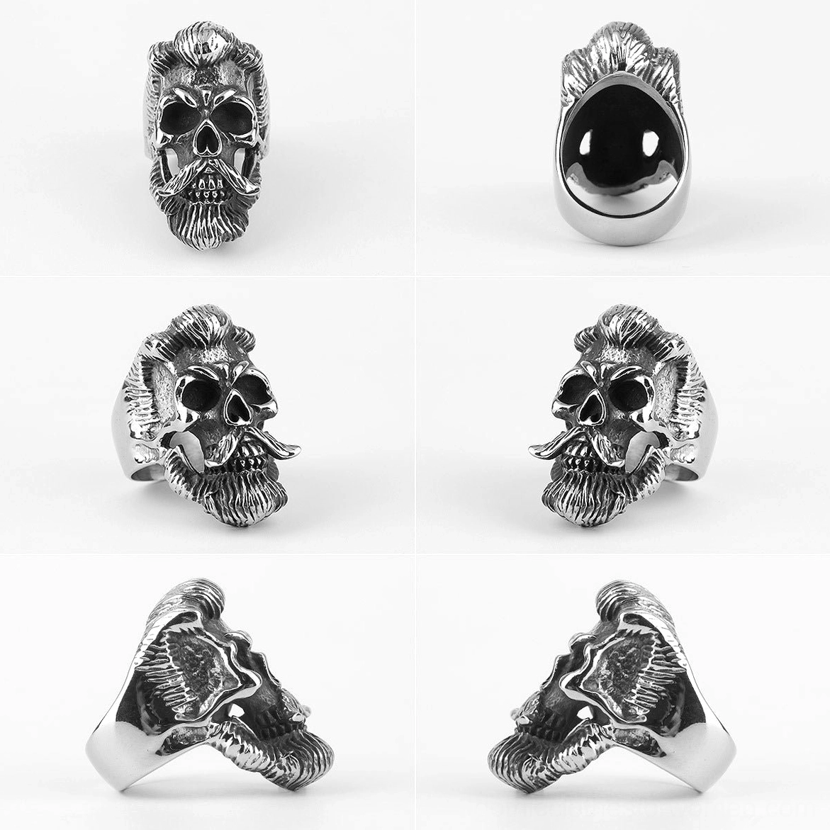 Multi-angle display of bearded gentleman gothic skull ring showing front side and back views of carved design