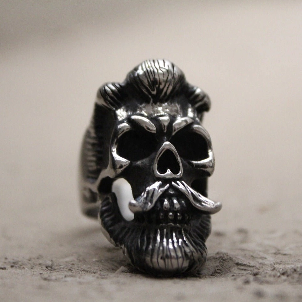 Bearded gentleman gothic skull ring showing craftsmanship of vintage silver stainless steel carving