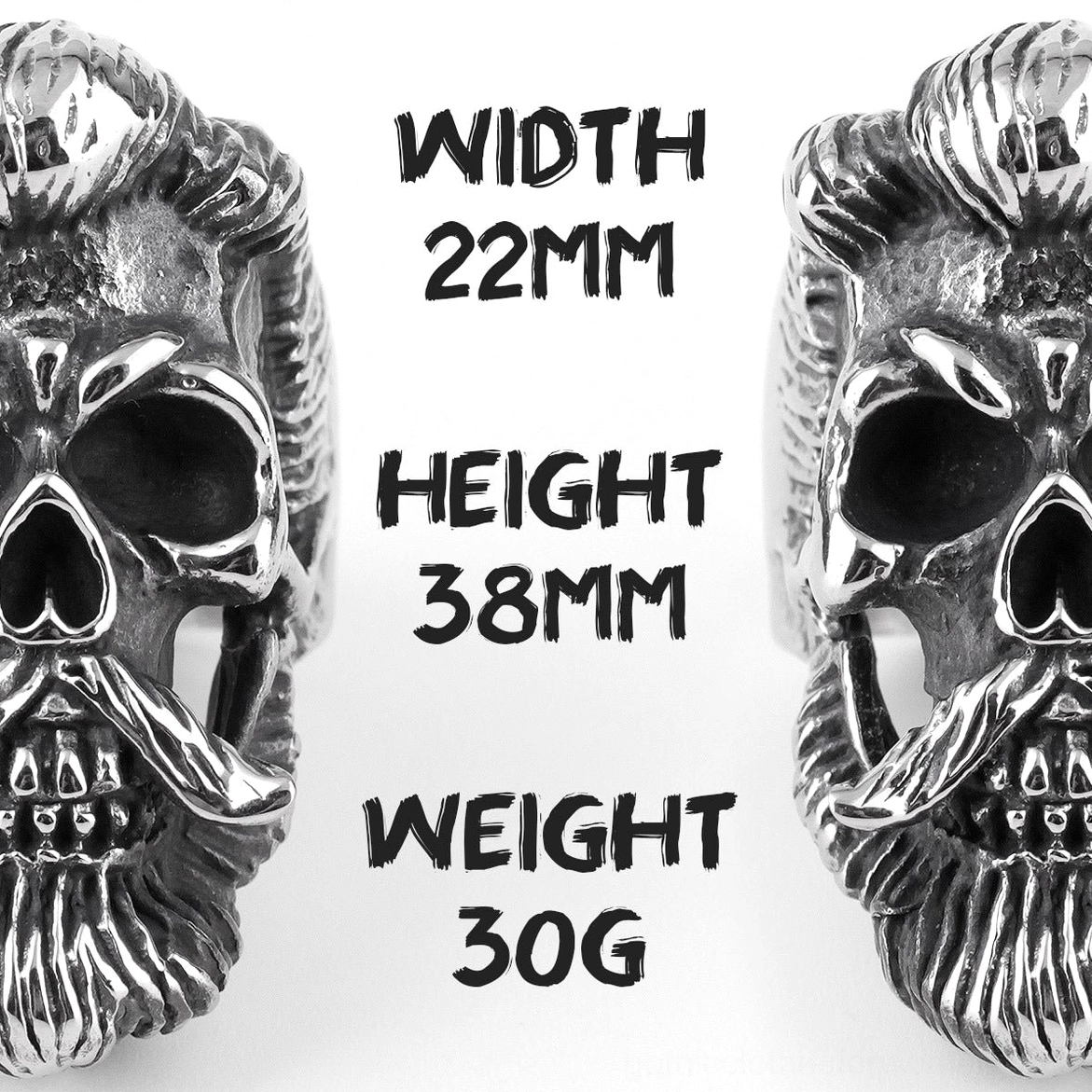 Detailed measurements of bearded gentleman skull gothic ring showing 22mm width 38mm height 30g weight specifications