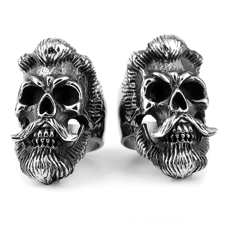 Matching pair of bearded gentleman skull rings in vintage silver gothic stainless steel design