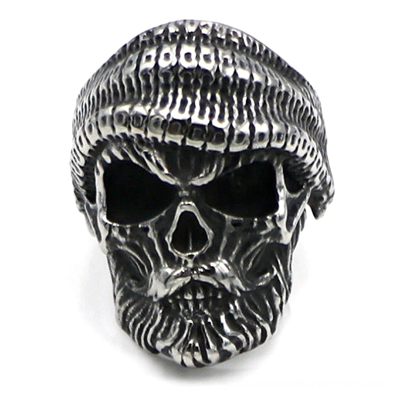 Bearded skull sterling silver gothic ring with knit beanie, front flat view on white background showing hand-carved details and antiqued silver finish