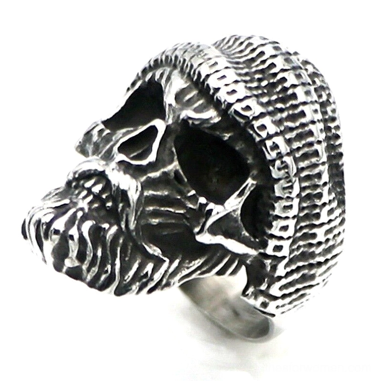 Right side profile view of bearded skull ring showing ring band and rugged facial hair details