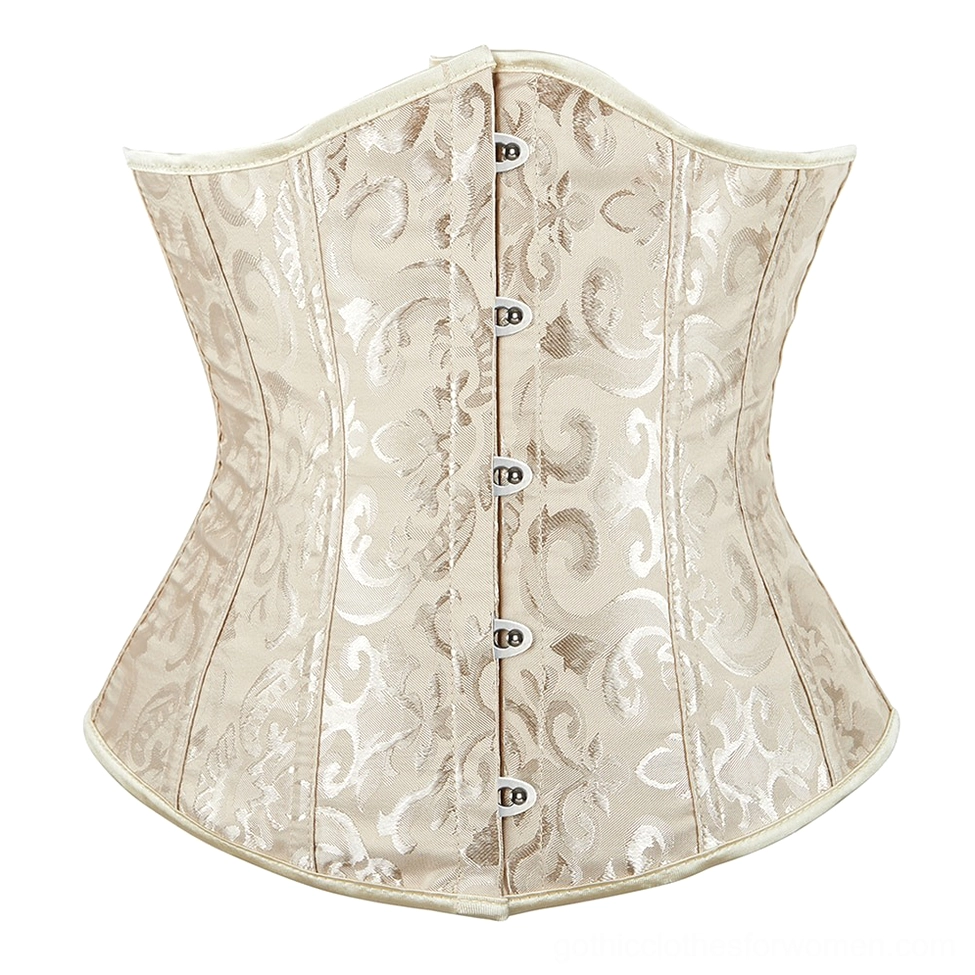 Beige damask jacquard lace-up corset with contrasting edge trim, authentic gothic corset design