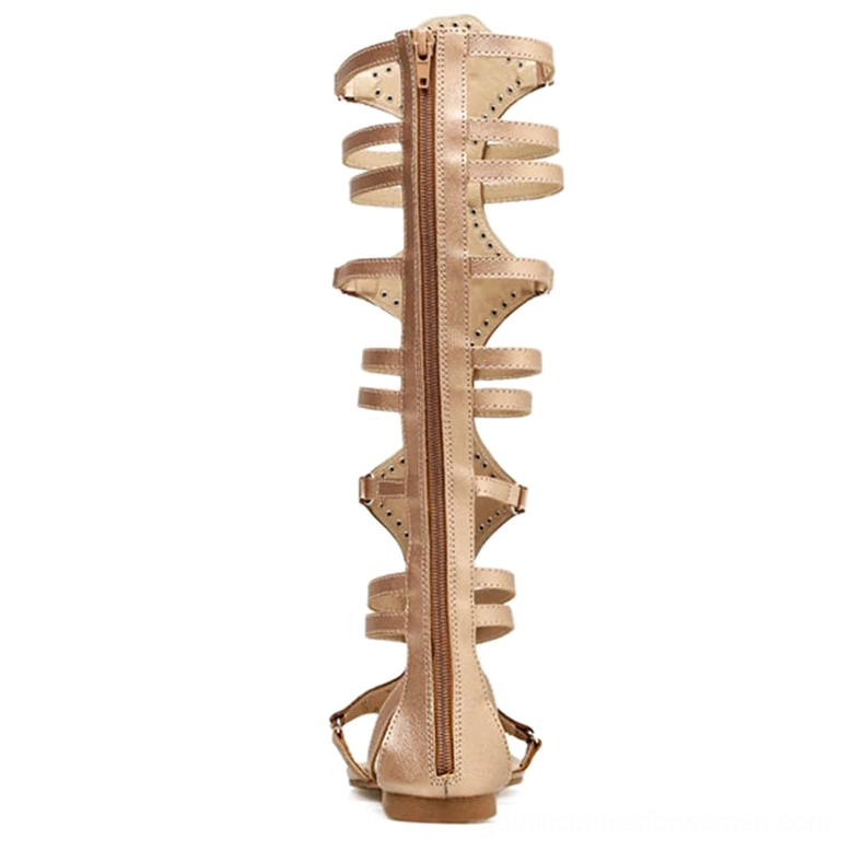 Beige Gladiator Sandal Boot with Rear Zipper - Back Perspective View showing Tall Strappy Design