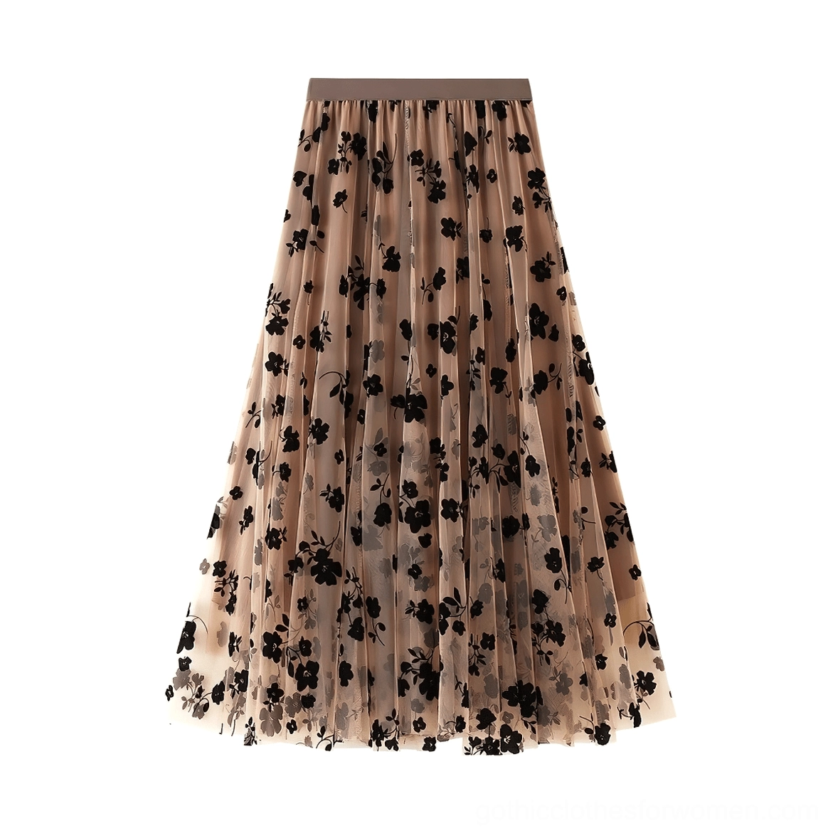 Beige khaki gothic floral mesh midi skirt flat display, black flocked flowers, high waist tulle, product detail