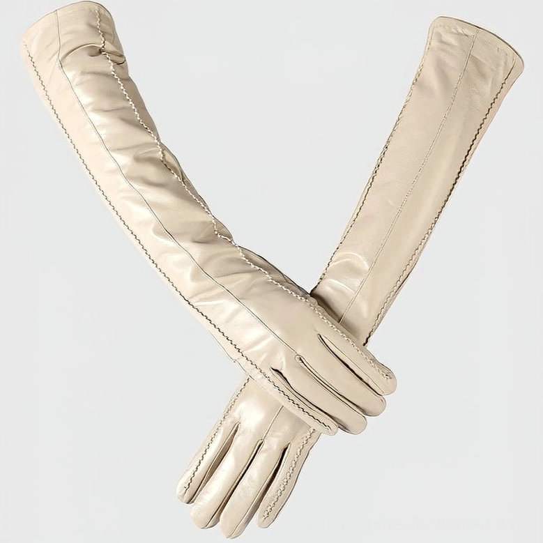 Beige leather elbow gloves crossed arrangement, demonstrating versatile styling for dark fashion and gothic occasions