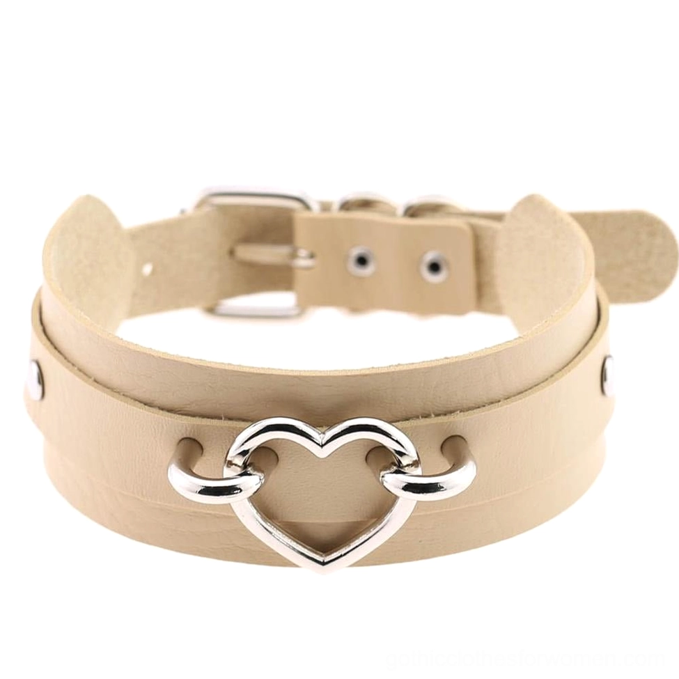 Khaki beige gothic heart choker leather collar with silver hollow heart and pin buckle