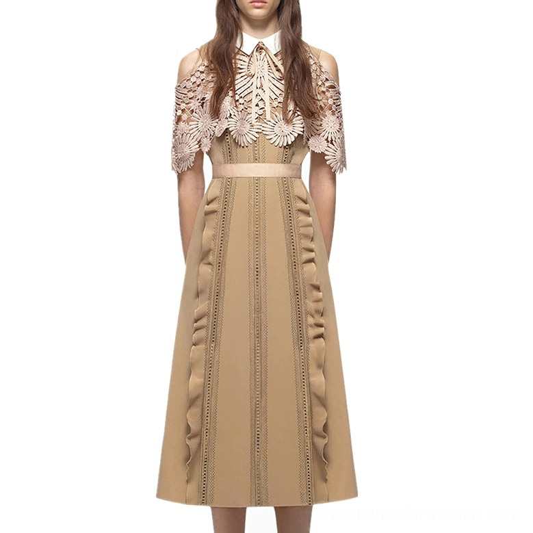 Beige vintage gothic lace cold-shoulder midi dress with cape sleeves and white collar, front studio view