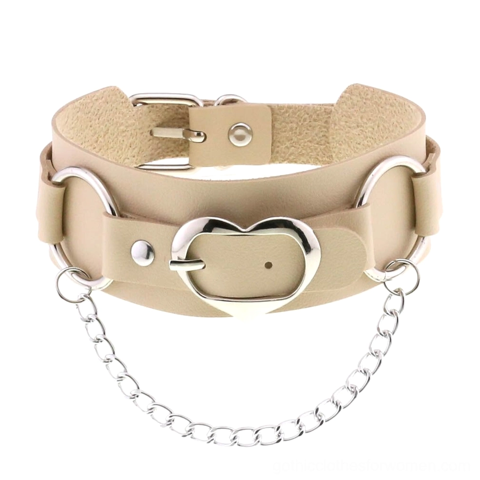 Khaki beige PU leather heart choker with adjustable strap and silver heart hardware chain accent