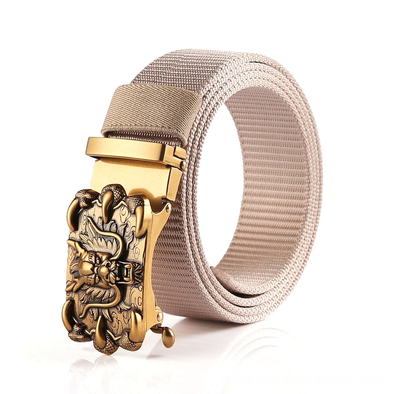 Beige khaki nylon gothic belt with vintage bronze dragon embossed metal buckle
