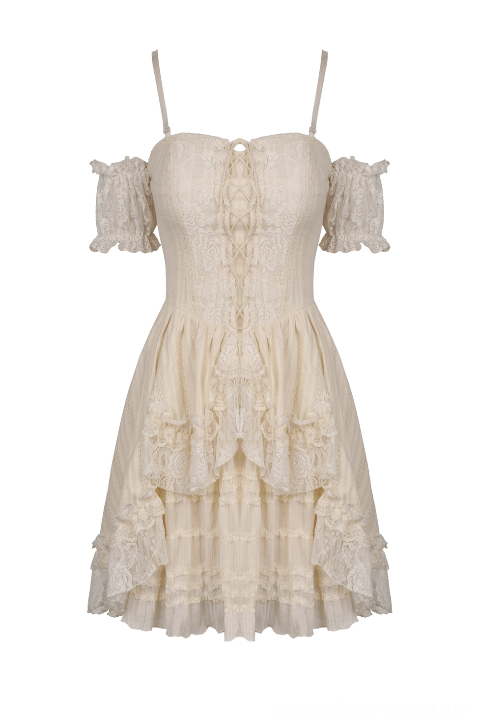 Beige off-shoulder lace mini dress - flat lay front view showing lace-up bodice and layered ruffled skirt hem construction