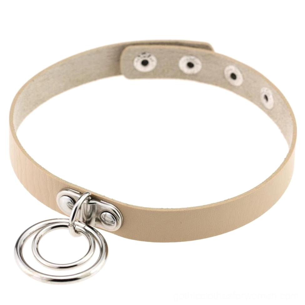Beige adjustable PU leather gothic choker with double metal ring pendant and snap closure