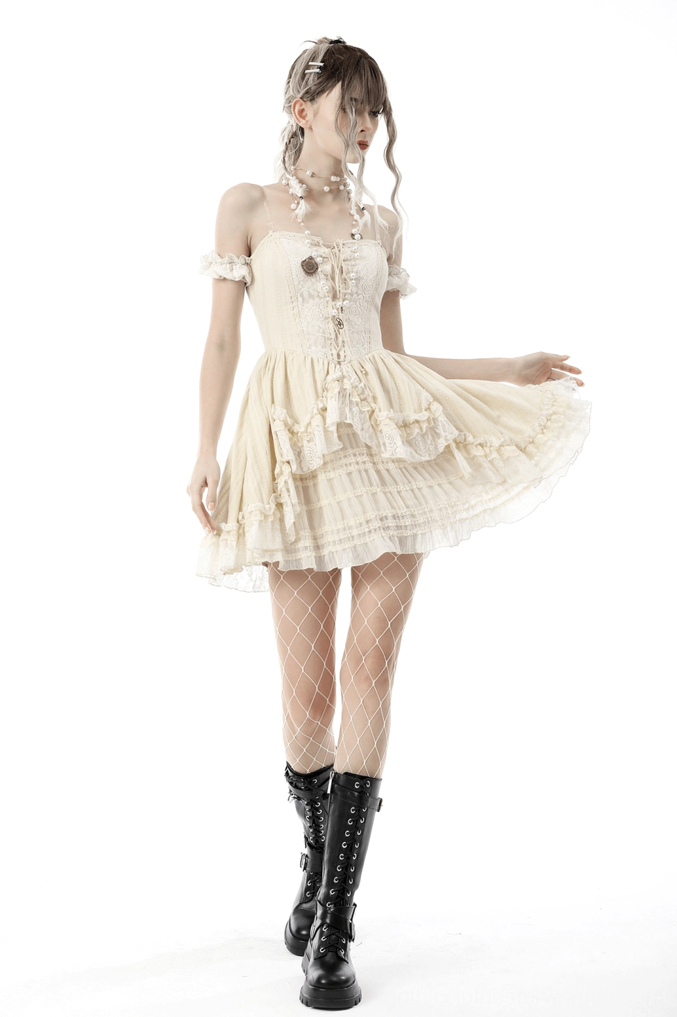 Women's beige off-shoulder lace gothic mini dress - three-quarter view detail showing the intricate layering and floral lace construction throughout