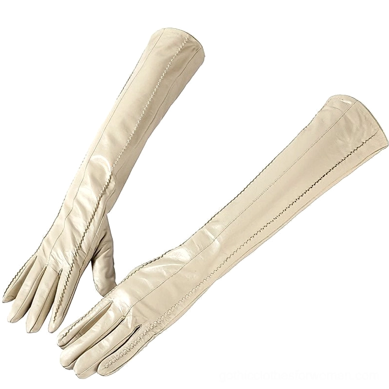 Beige paired sheepskin leather gloves flat lay, showing complete elbow-length gothic glove set for women