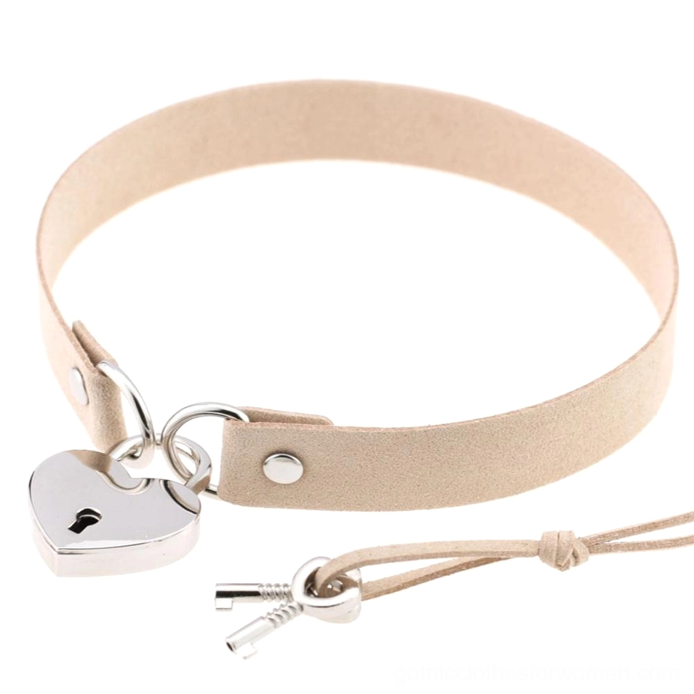 Beige suede heart lock choker with silver lock mechanism - neutral gothic jewelry option