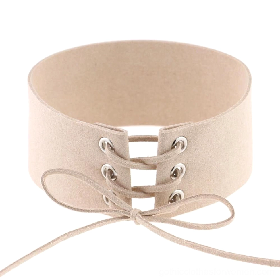 Beige lace-up velvet choker necklace with tied bow detail, gothic accessory