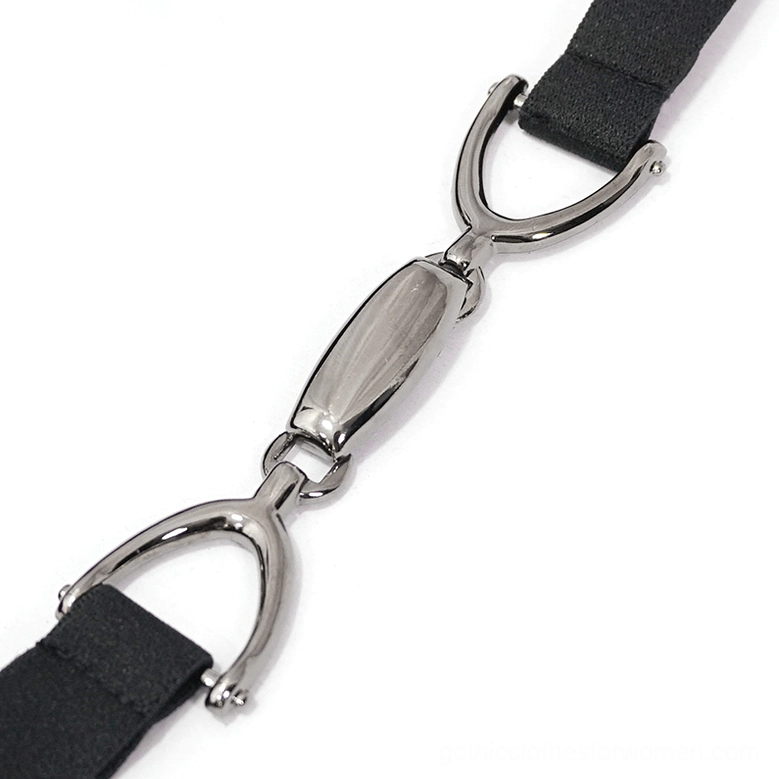 Bikini top metal hardware details - silver-toned buckles and elastic strap connector for gothic swimwear