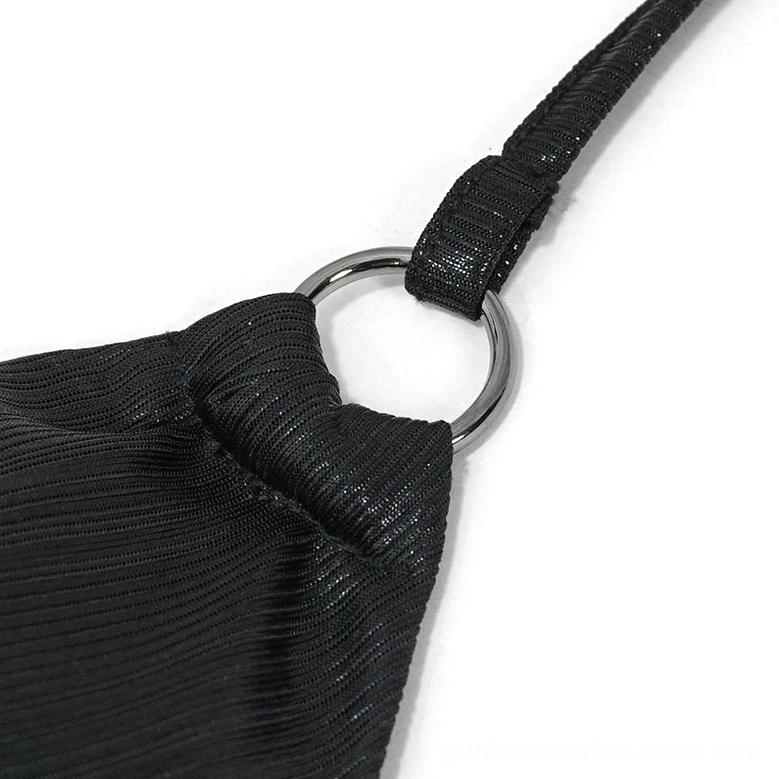 Gothic bikini top strap joint detail - metal connection ring with shiny pleated black fabric close-up