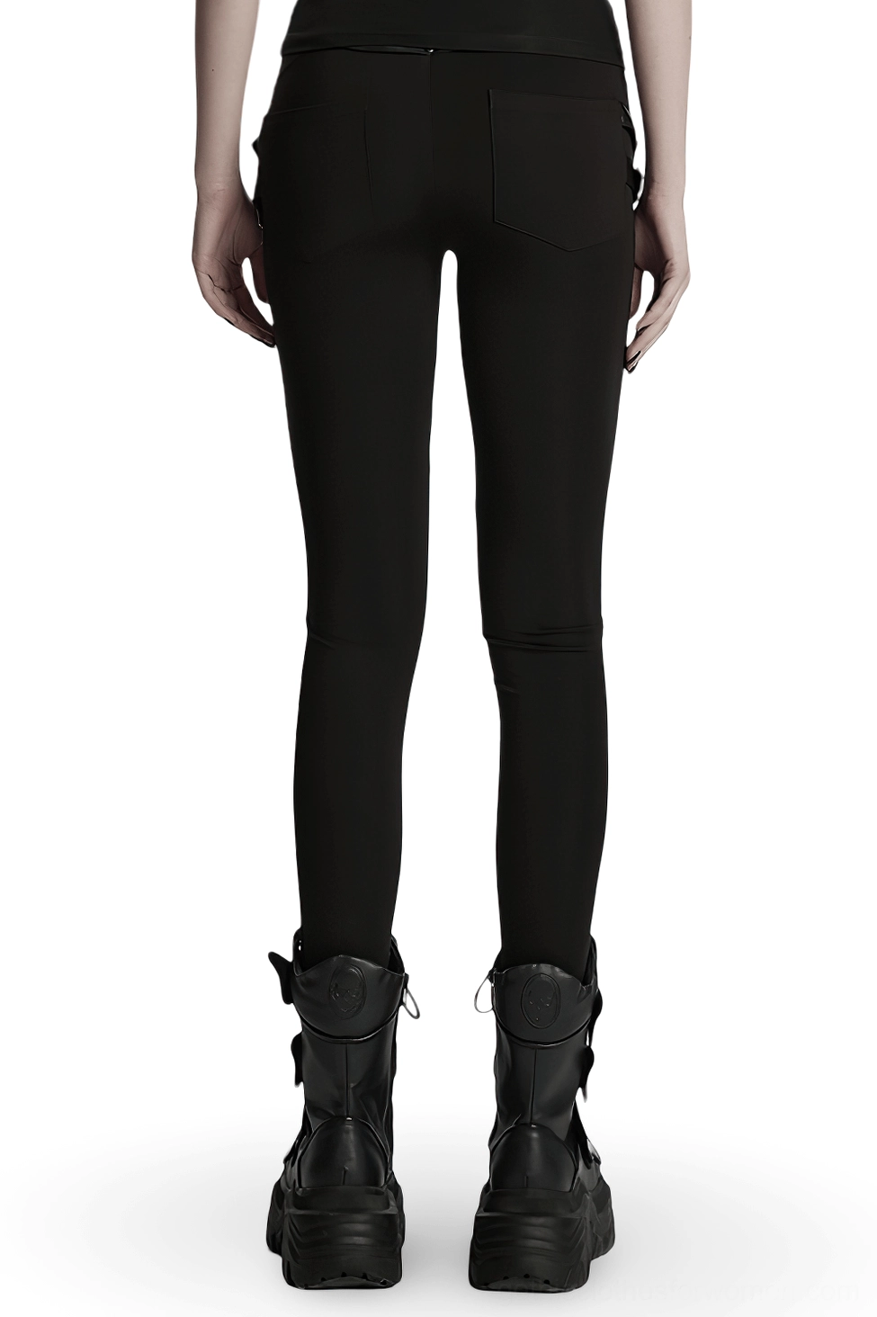 Black gothic leggings rear view featuring functional back pockets and faux leather hip straps
