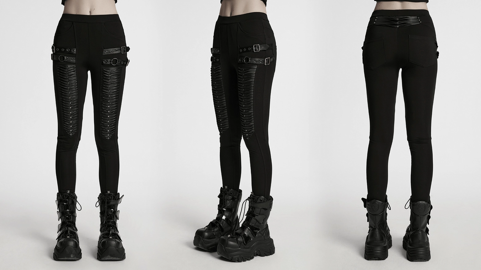 Black 3D pleated gothic leggings positioned to highlight faux leather and stud embellishments