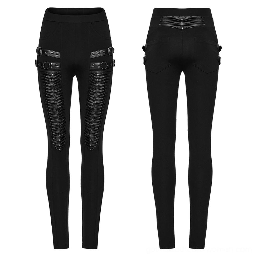 Black 3D pleated gothic leggings front and back flat lay showing pleated panels and stud details