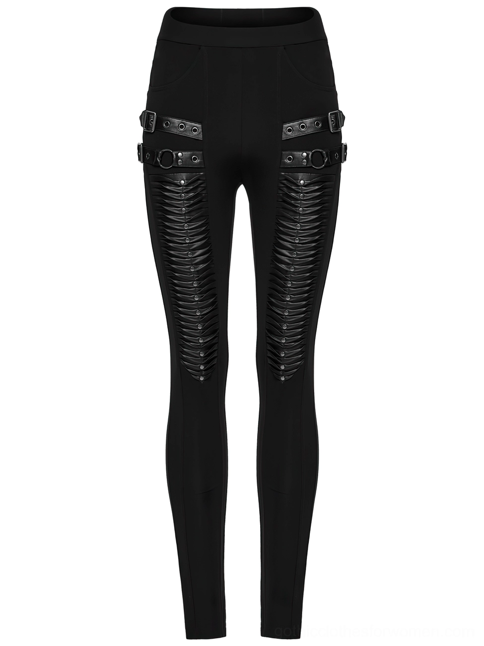 Black gothic leggings flat lay front view showcasing faux leather hip straps and dimensional pleats