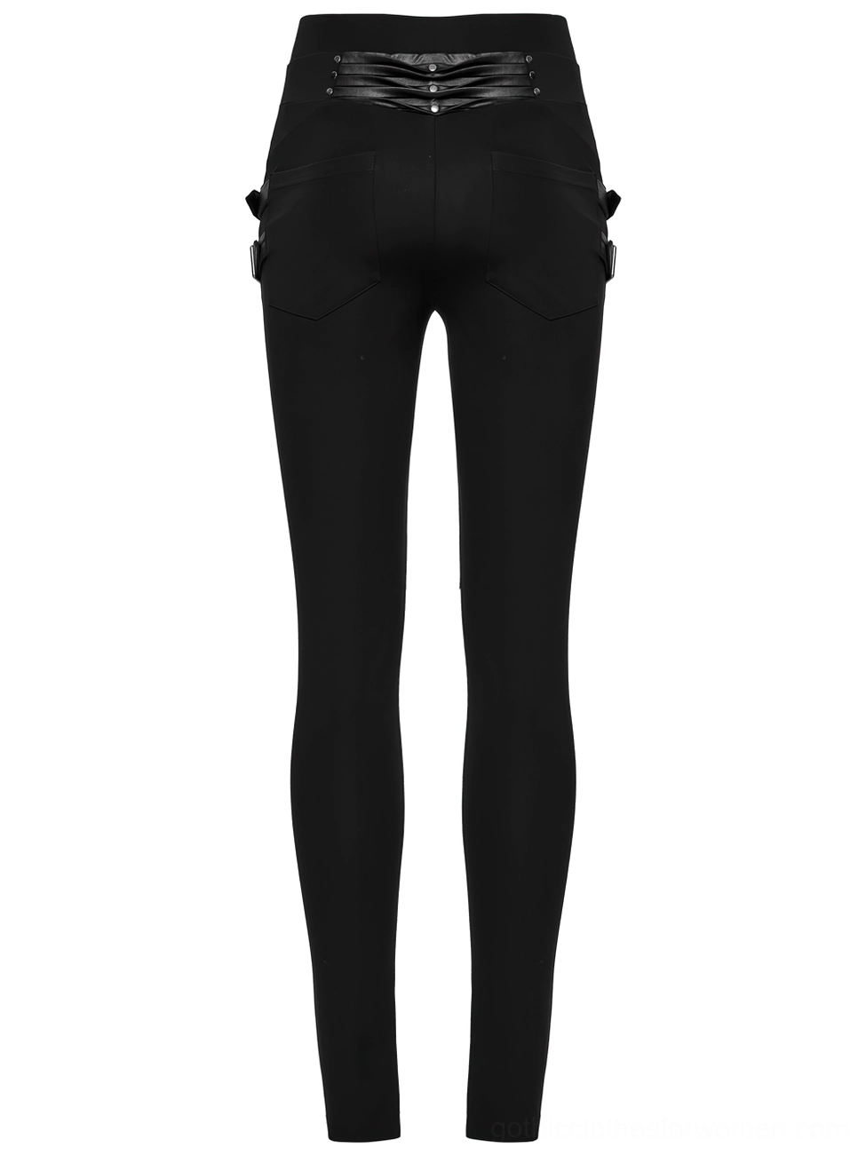 Black gothic leggings rear flat lay showing waist buckle details and functional back pockets