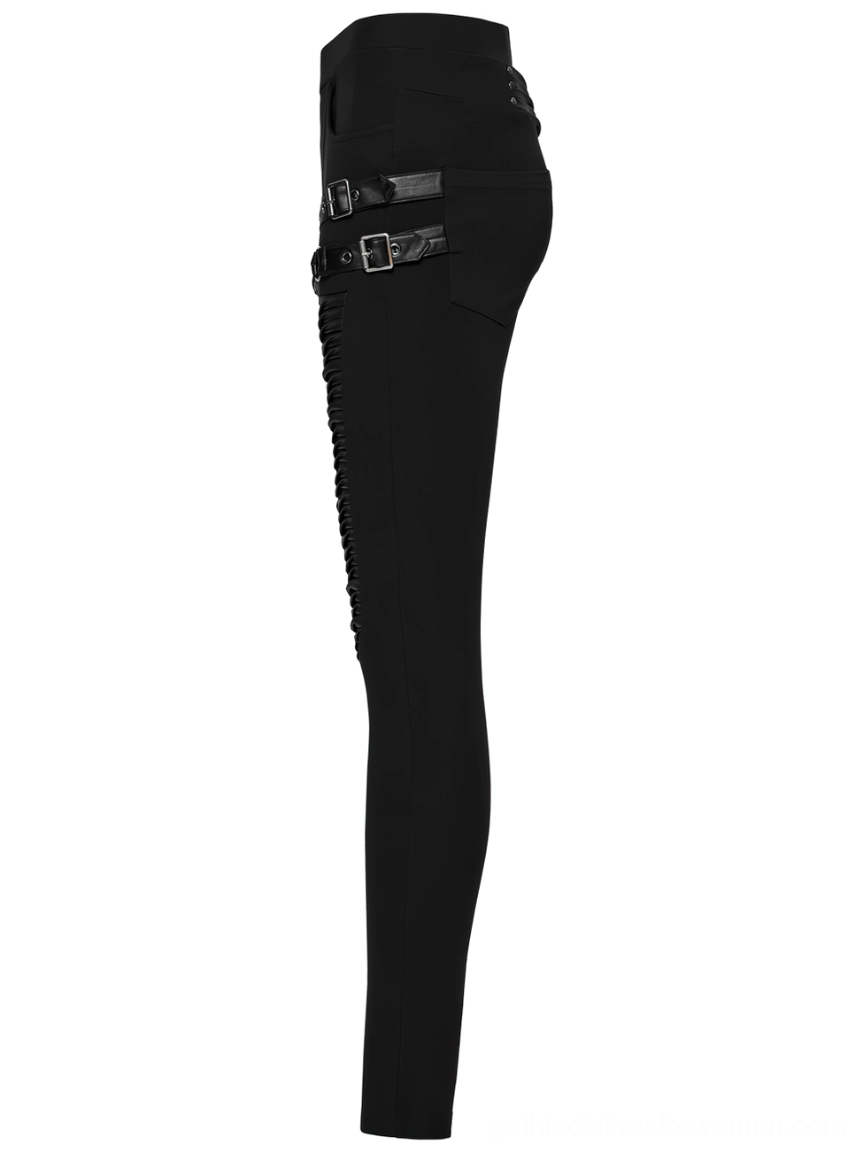 Black gothic leggings side flat lay featuring slim cut silhouette and buckle strap design