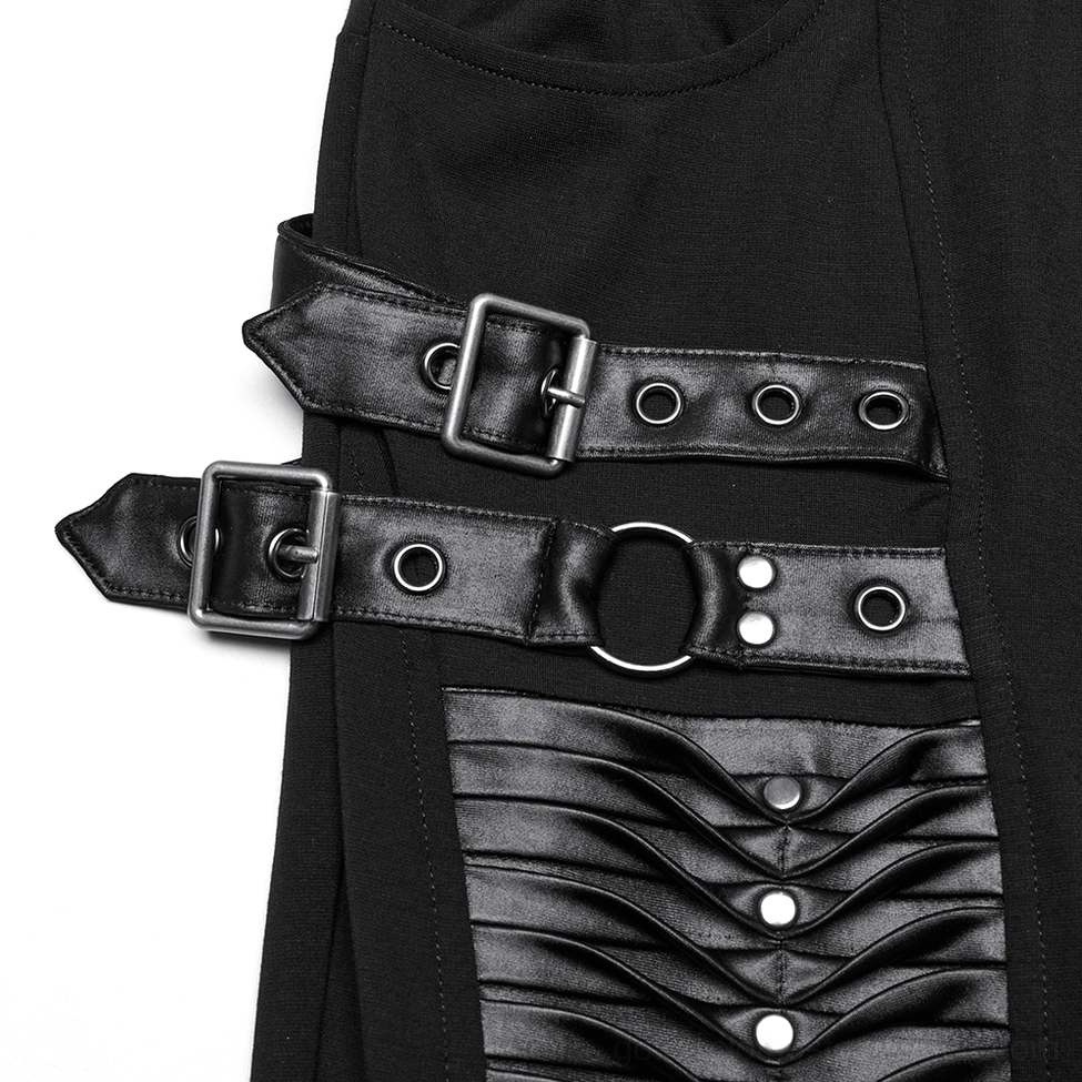 Close-up detail of faux leather buckle strap and metal hardware on gothic leggings