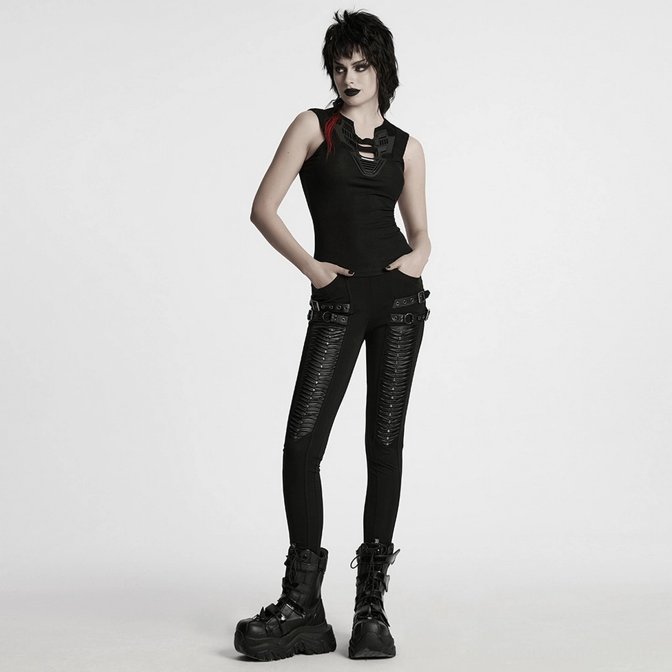Model wearing black 3D pleated gothic leggings from thigh detail angle