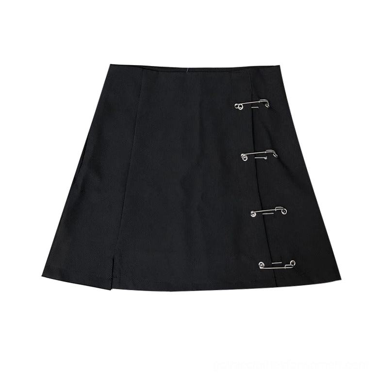 Black A-line gothic mini skirt with safety pin side decorations and asymmetrical slit, flat lay top-down view