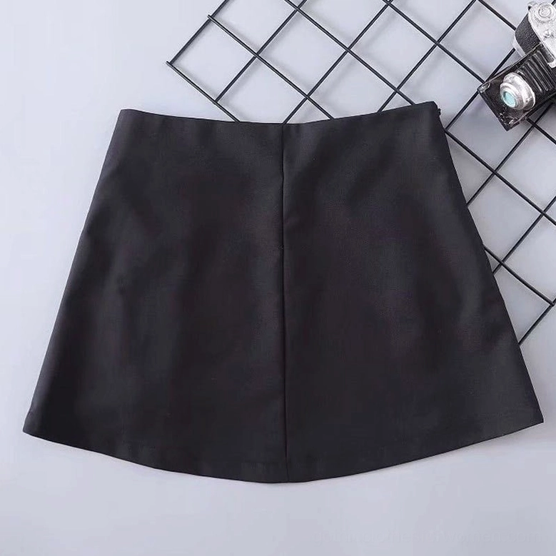 Black solid A-line skirt basic silhouette, flat lay top-down product photography