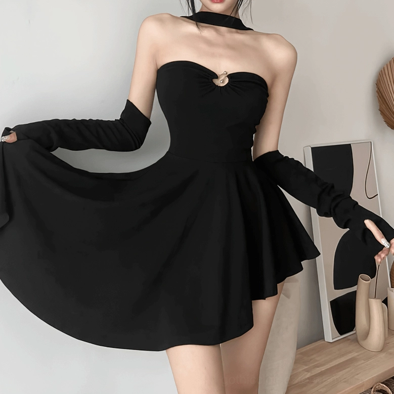 Black strapless asymmetric goth mini dress with flared swing skirt lifestyle