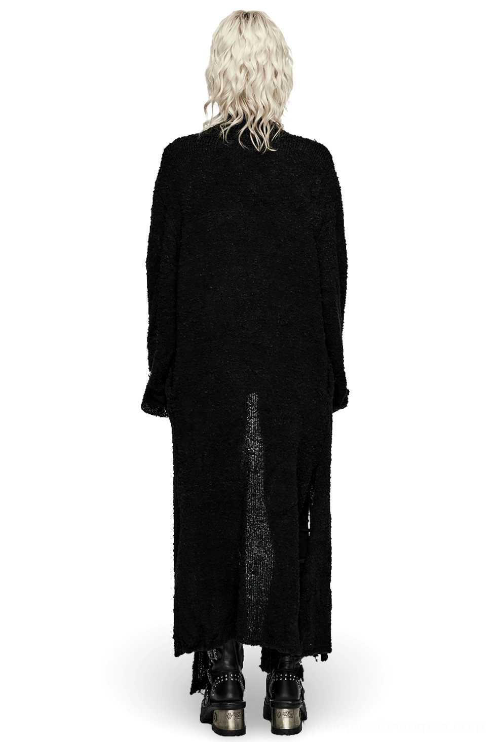 Black gothic cardigan back view showing rear side slit hem and long sleeve design