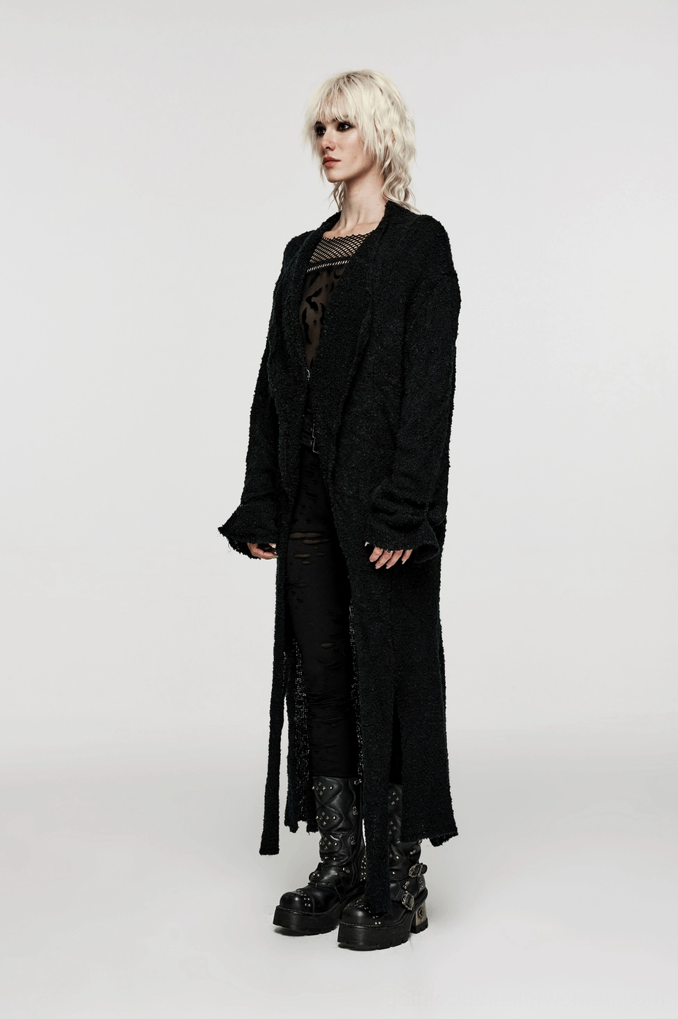 Black asymmetric gothic cardigan front model view with side slit hem and adjustable sleeve cuff design