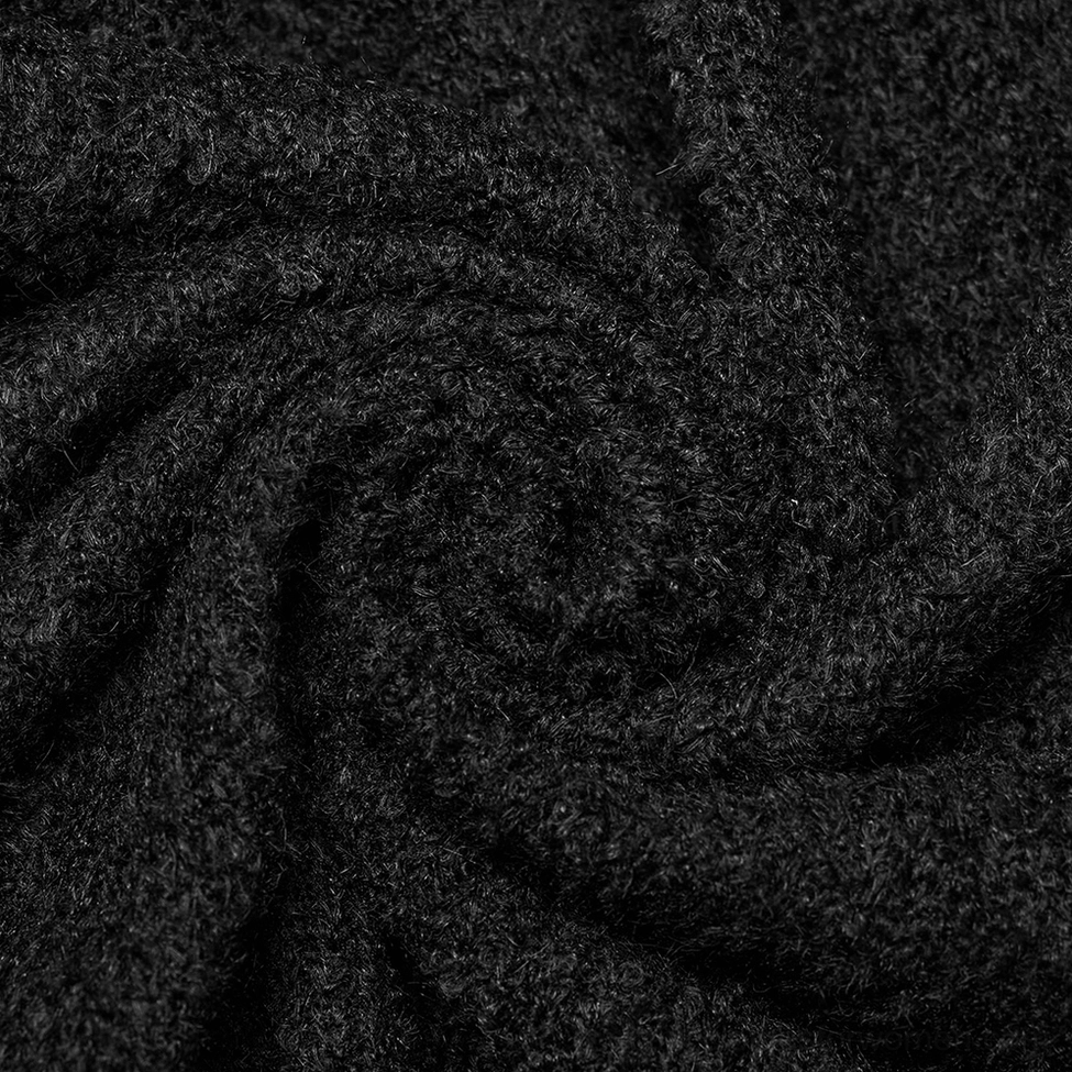 Black asymmetric gothic wool-blend cardigan styled view showing draped asymmetric hem and overall silhouette