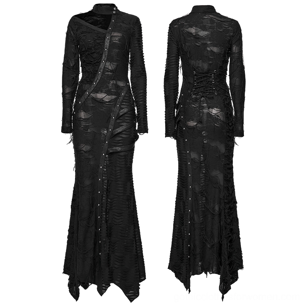 Black asymmetric gothic dress flat lay product photography showing front and back views