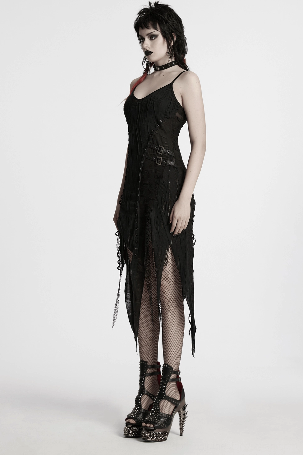 Black gothic lace slip dress full body mannequin shot showing overall asymmetric design