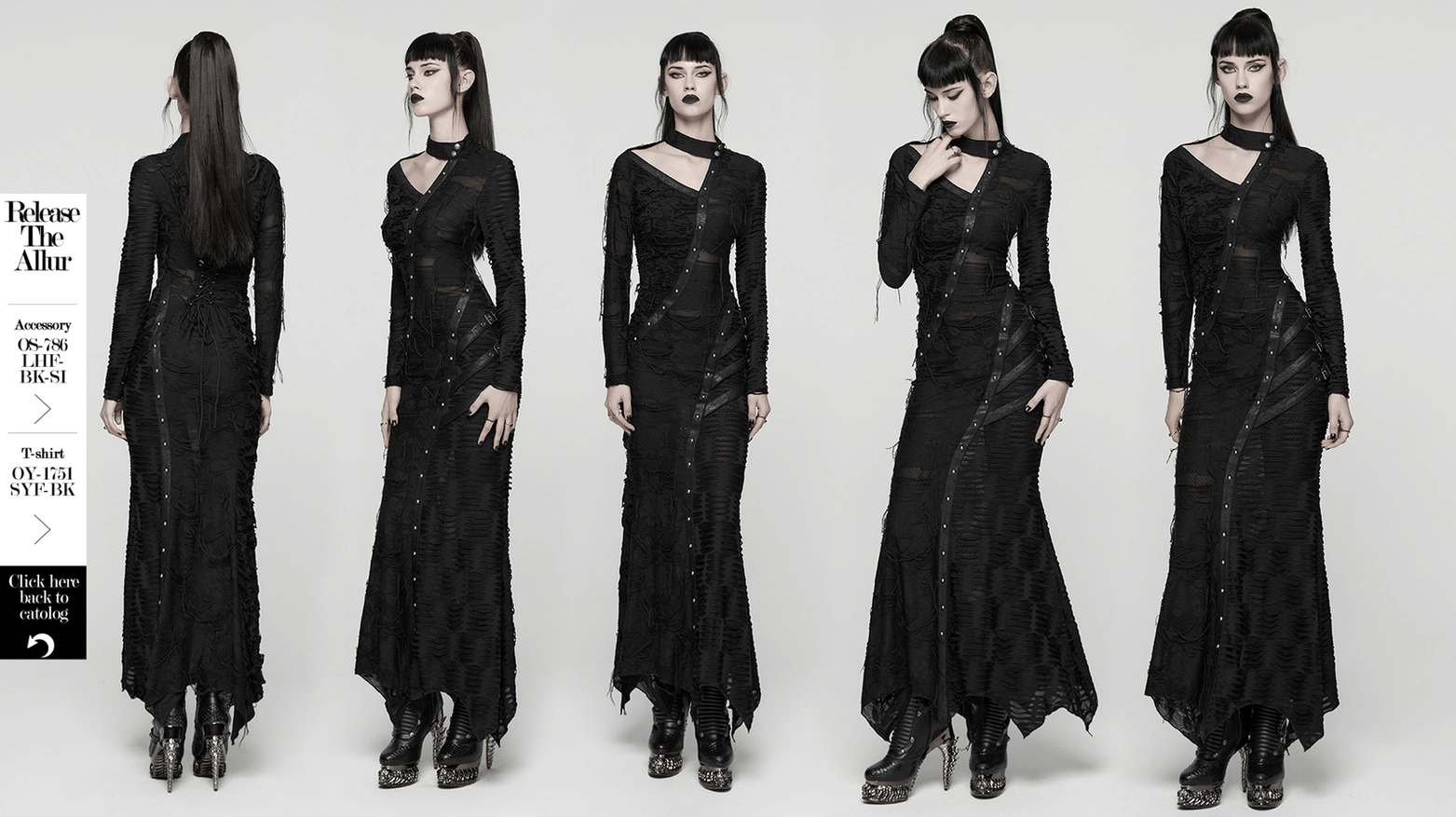 Black asymmetric gothic maxi dress full front view with long sleeves and dramatic silhouette