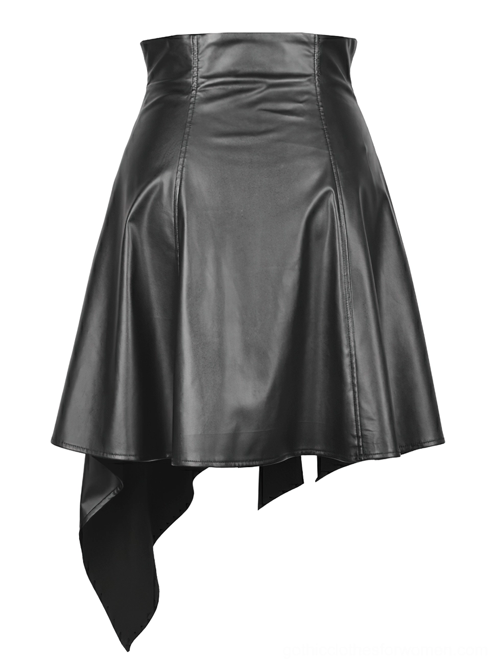 Back flat lay view of black faux leather asymmetric gothic skirt displaying high-waisted design and matte finish