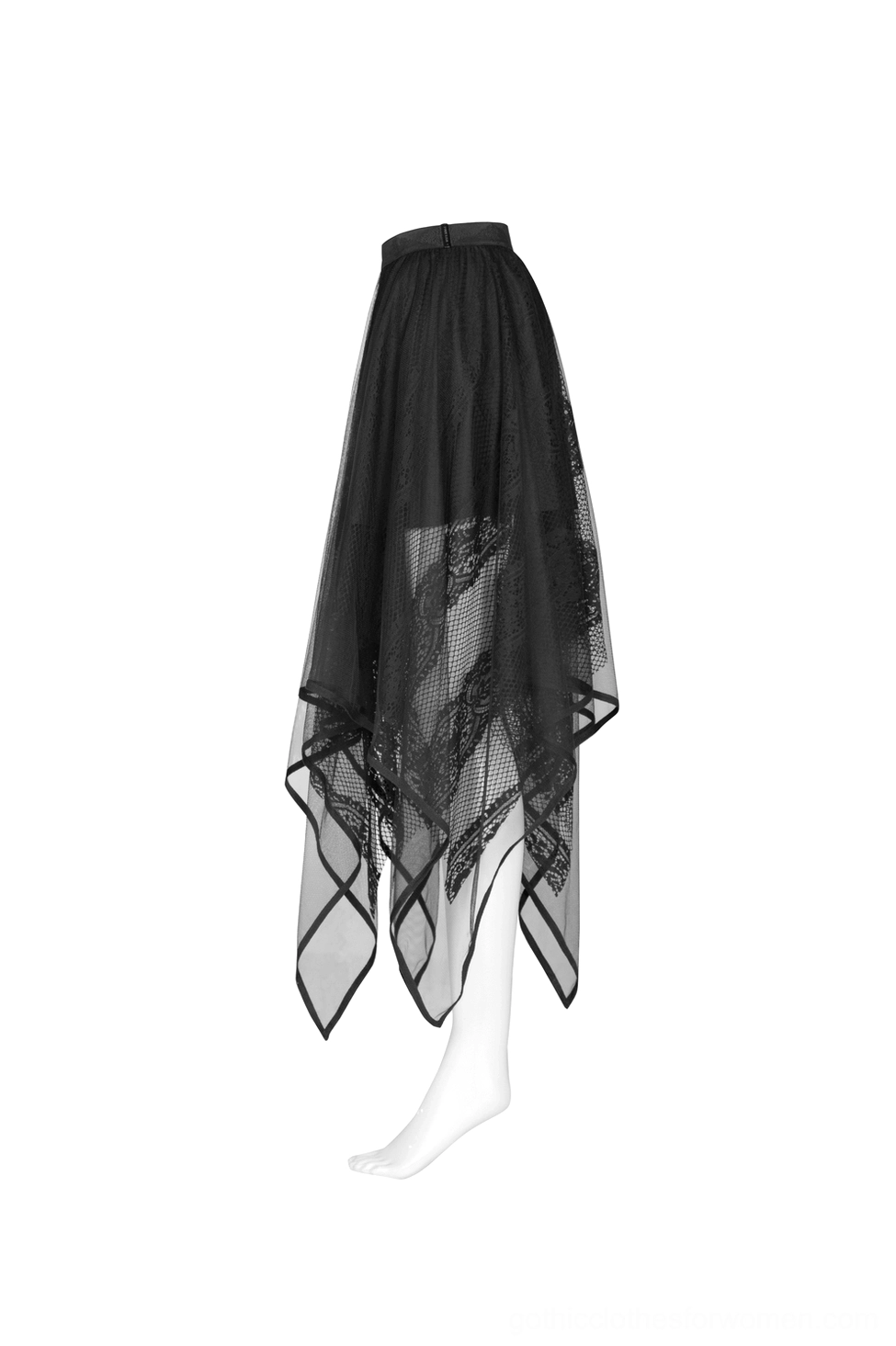 Black asymmetric gothic skirt dress form back view displaying irregular trailing hem and sheer layered construction