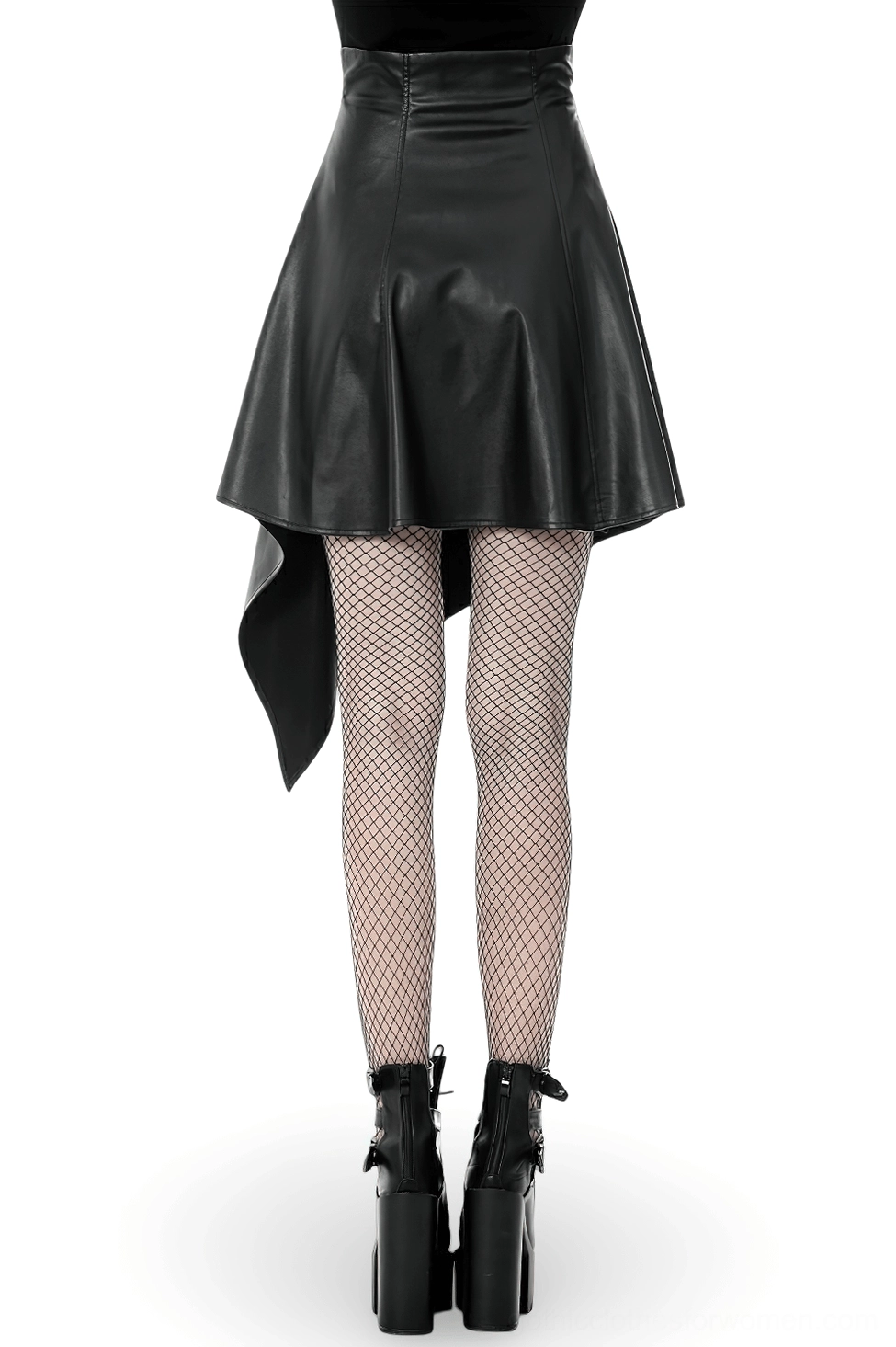 Back view of black faux leather asymmetric gothic skirt showing matte finish and unique asymmetric hem line
