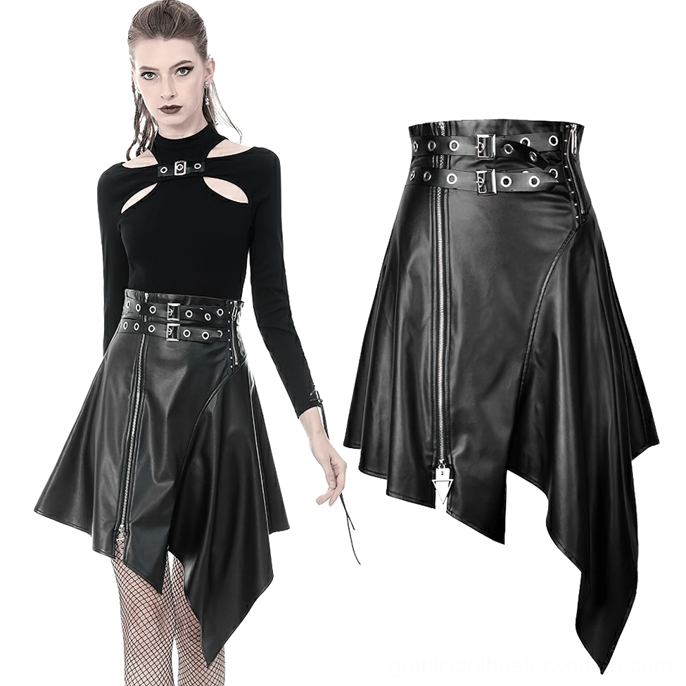 Black faux leather asymmetric gothic skirt flat lay and styling display with buckle belt waist detail