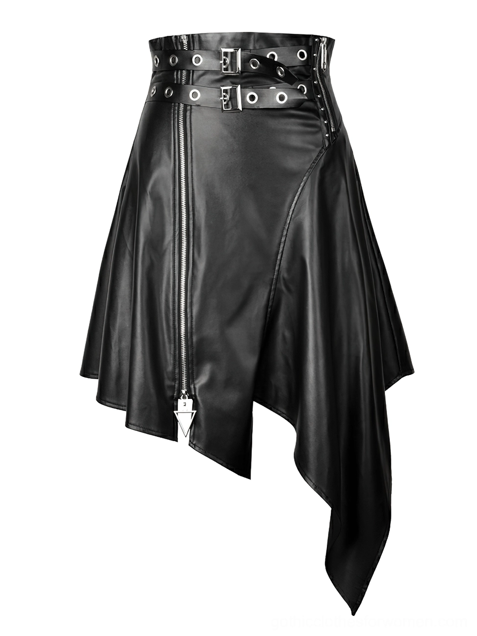 Flat lay front view of black faux leather gothic skirt showing high waist, double grommet belts, and front metal zipper