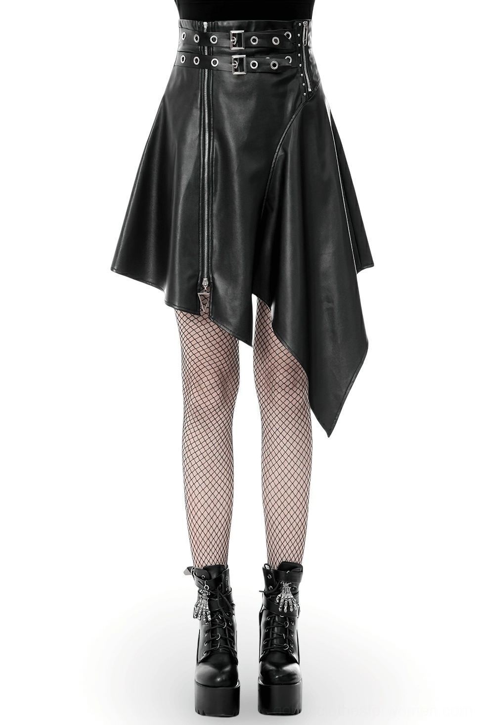 Black asymmetric faux leather gothic skirt front view featuring high waist, metal zipper, and irregular handkerchief hem on female model