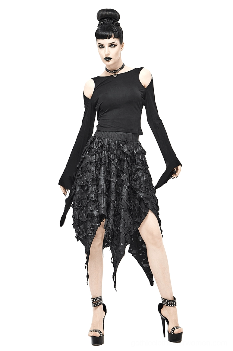 Black asymmetric gothic midi skirt with handkerchief hem, full front view on model, textured knit fabric, alternative fashion style