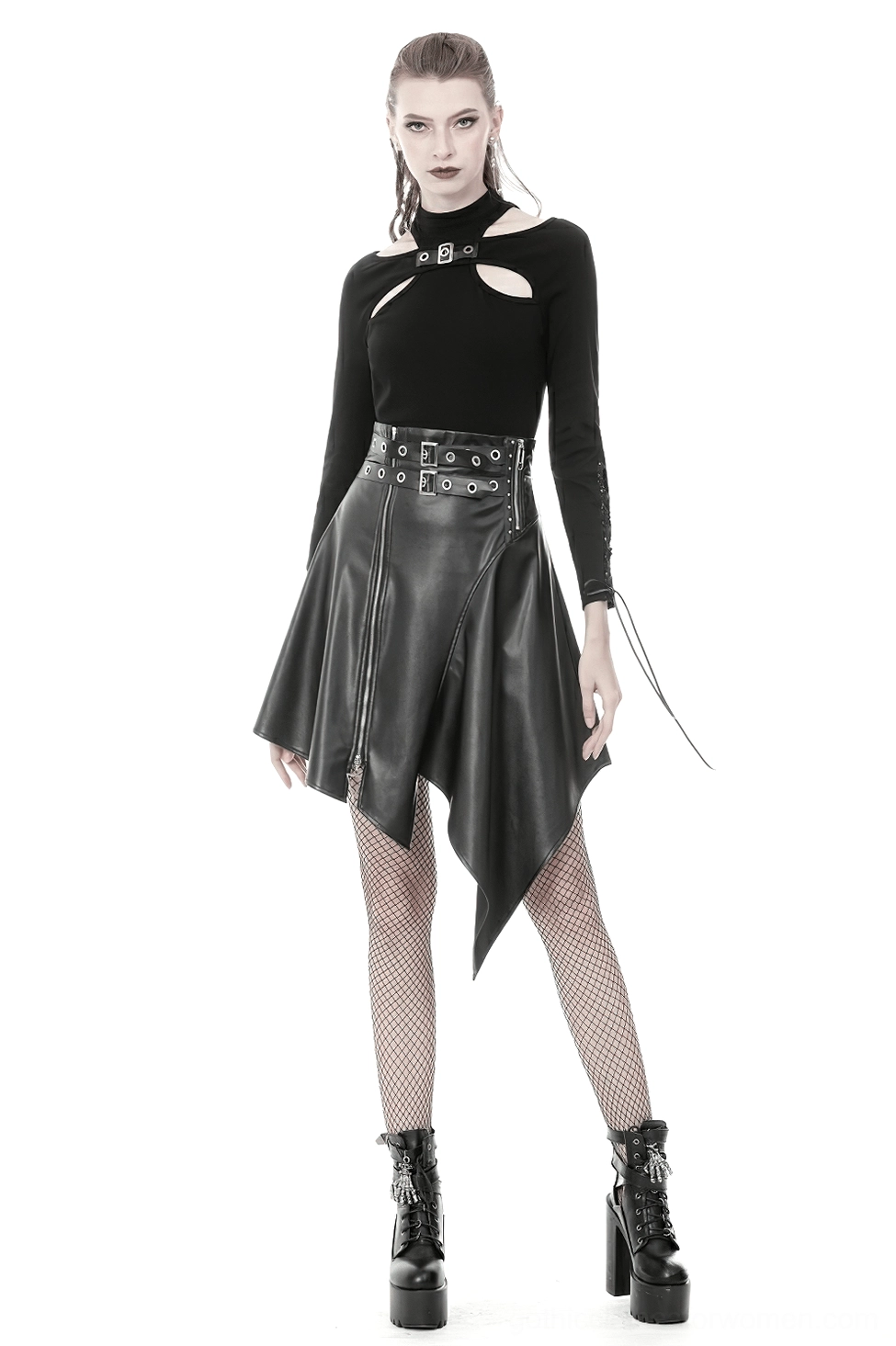 Side view of black faux leather asymmetric gothic skirt on model displaying high waist and irregular hem styling