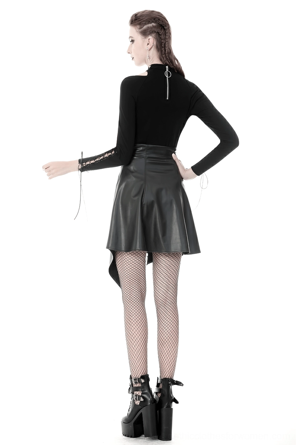 Three-quarter view of black faux leather asymmetric gothic skirt showing silhouette and hem line design