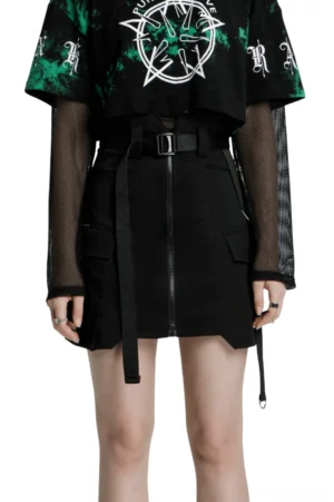 Black asymmetric gothic tactical skirt front view with high waist, front zipper, and cargo pockets
