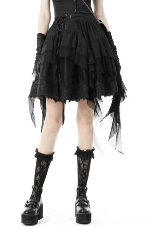 Black asymmetric layered ruffle gothic skirt front view showcasing handkerchief hem and tiered tulle design